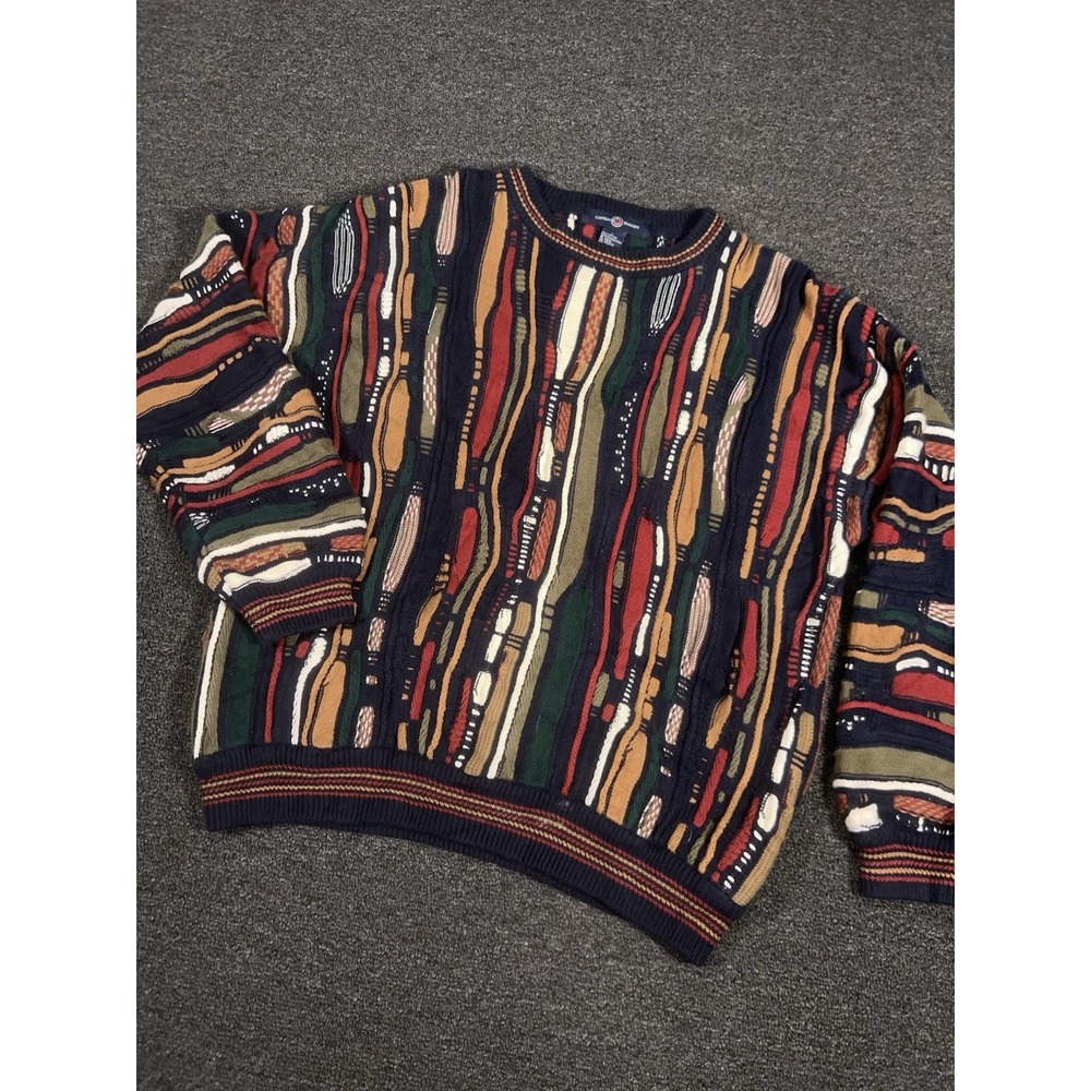 Vintage Cotton Traders Sweater Men Large 3D Knit Coogi Style Retro Colorful 90s